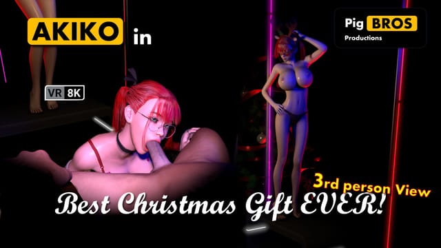 Akiko with a ponytail performs a blowjob in a Christmas setting in 8K 3rd person VR video.