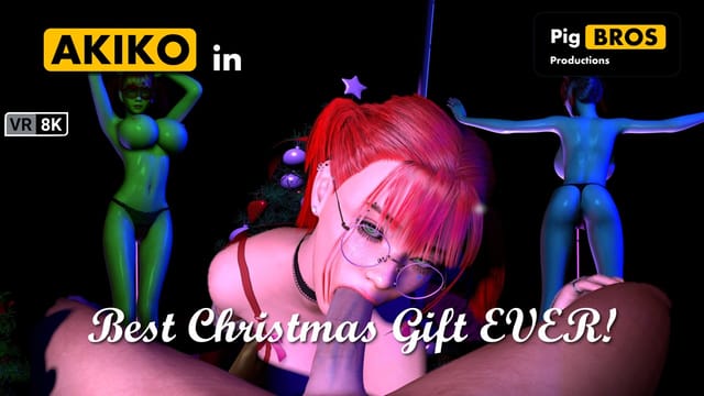 Akiko with ponytails performs oral sex in a POV Christmas setting, presented as an 8K VR adult production by Pig Bros Productions.