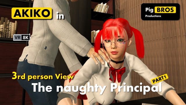 Akiko the principal with a ponytail gets close up touching tits in 8K third person view by Pig Bros Productions