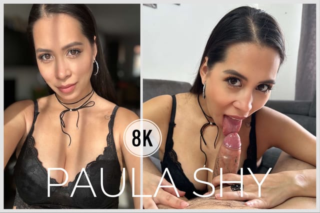 Paula Shy performs a blowjob and ball sucking in a POV VR scene with medium tits, featuring cum on hands and 60 FPS production.