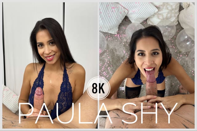 Brunette Paula Shy performs a POV blowjob in a VR scene featuring medium tits and 60 FPS playback from PS-Porn.