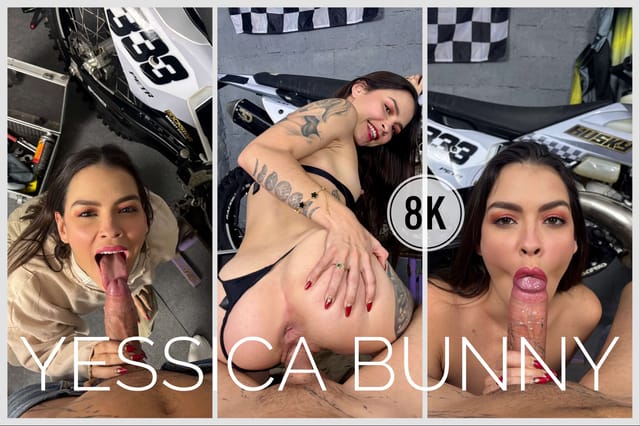 Yessica Bunny performs vaginal sex and blowjobs in a garage setting for this 60 FPS adult VR POV video.