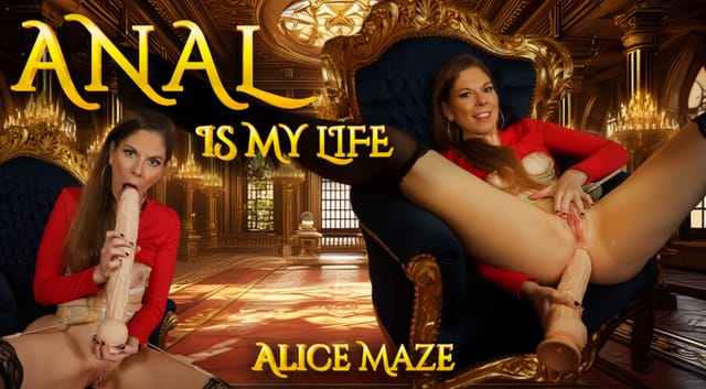 Alice Maze performs solo anal play in a close up shot, featuring food themes in a non POV VR experience with 60 FPS clarity.