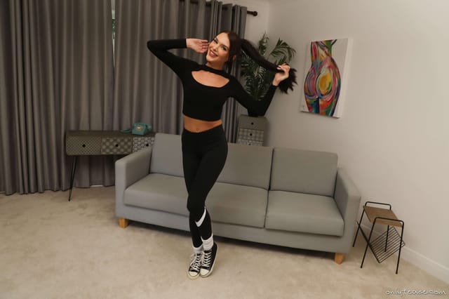 Brunette Antonia Jay performs a solo softcore act in a British setting with medium tits, captured in non POV VR production.