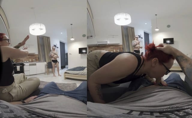Vexxy Bliss performs vaginal sex and a blowjob in a non-POV adult VR scene with medium tits at 60 FPS.