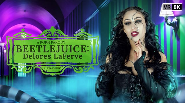 Alexa Chains performs vaginal sex and oral acts in a Beetlejuice parody for VR Conk, featuring medium breasts in a 40-minute 8K VR scene.
