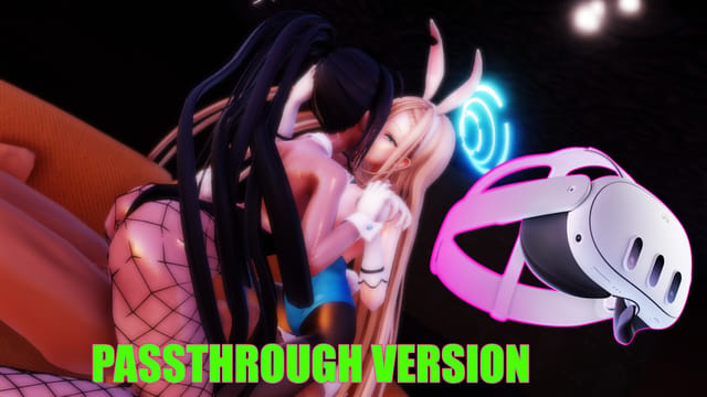 Blue Archive Asuna Ichinose and Karin Kakudate kiss while riding in a passthrough 6K 180 degree non POV VR scene