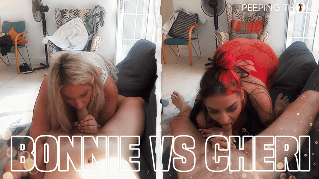 Cherri Pi and Bonnie Boo perform oral sex on a sofa in this Peeping Thom VR POV video shot in 60 FPS.