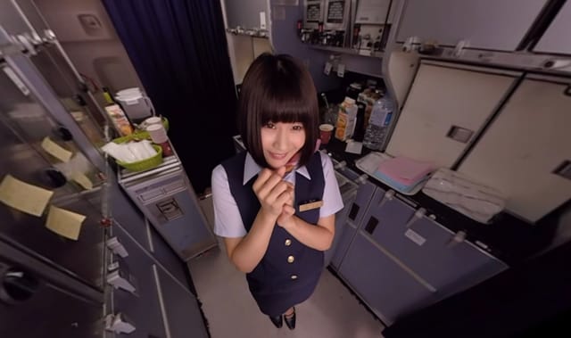 Brunette model teases in a flight attendant outfit during a POV blowjob scene with medium breasts in DANDY VR production.