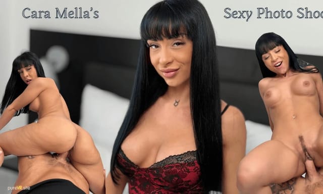 Cara Mella wears a garter belt during a German POV VR scene featuring vaginal sex and a blowjob in an 8K production by PureVR