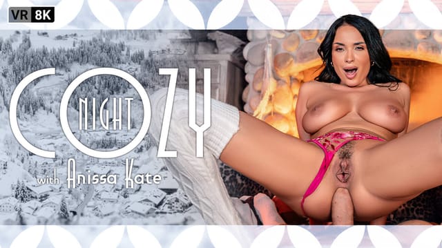 Anissa Kate performs anal sex in a cozy Christmas setting, filmed in VR POV with realistic virtual sex visuals and 8K resolution.