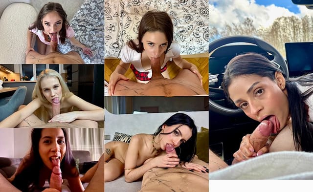 Becky California, Peach Delina, and Lucianna Lucci perform blowjobs in this 4K adult VR POV compilation featuring cum on hands.
