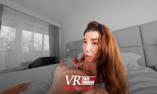 Layla Scarlett wears a garter belt while performing a passthrough POV blowjob during an edging scene in 4K VR.