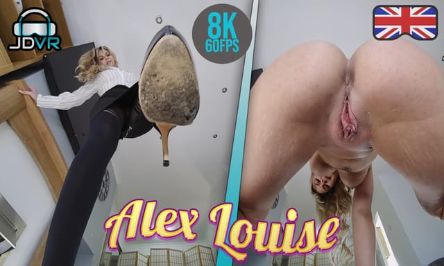 Alex Louise performs a facesitting POV in an office setting with close up torso details for this JimmyDraws VR video.