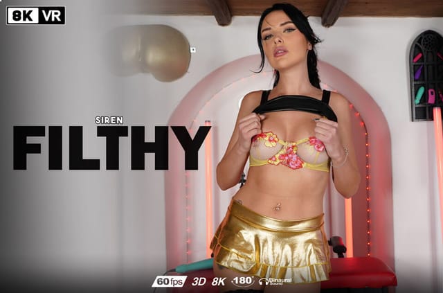 Brunette model Siren performs solo adult VR action in a non POV 60 FPS production with medium breasts.