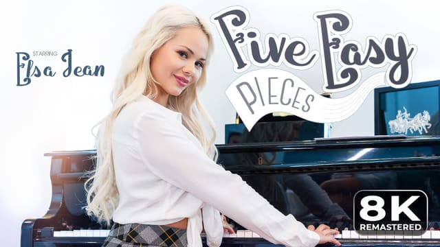 Elsa Jean performs a close-up blowjob in a VR POV scene featuring vaginal sex in the Five Easy Pieces Remastered production by VR Bangers