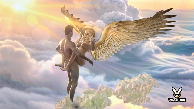 A brunette woman performs a blowjob on the viewer in a heavenly setting with 6K resolution and VR POV perspective.