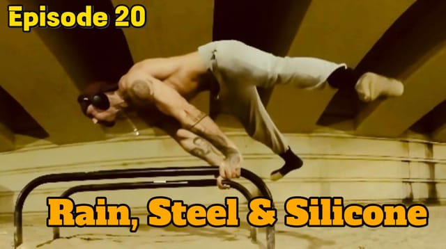 JackSpanish performs solo outdoors in the rain wearing iron and silicone gear in this non POV 60 FPS VR video by Jack Spanish VR.