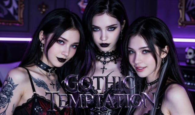 Gothic horror POV VR scene features a woman in a garter belt engaging in MMF vaginal sex within a dark themed setting.