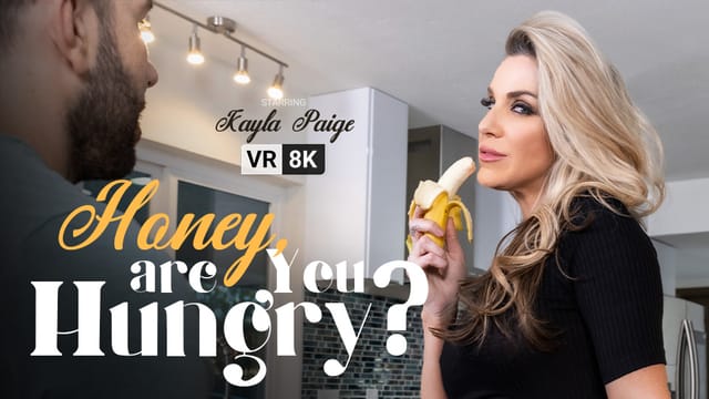 Kayla Paige performs a POV blowjob in a kitchen setting for VR Bangers, presented in 4K resolution and 60 frames per second.