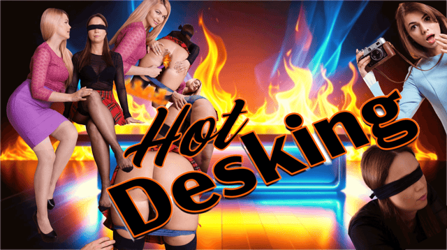 Brunette models Izzy Delphine and Kirsten Fog in garter belts pose in an office setting for StockingsVR 6K 180 degree non POV VR video.