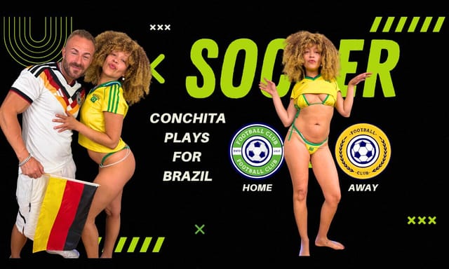 Conchita performs vaginal sex and oral acts on a Brazilian rival during a VR football playoff scene in 8K resolution.
