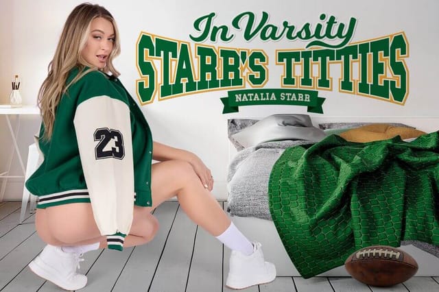 Natalia Starr performs oral sex in a varsity setting with POV camera angles for this BadoinkVR adult production.