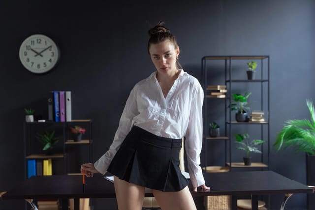 Brunette model JoyceQ performs a solo softcore striptease in a studio setting for StasyQVR in high frame rate VR content.