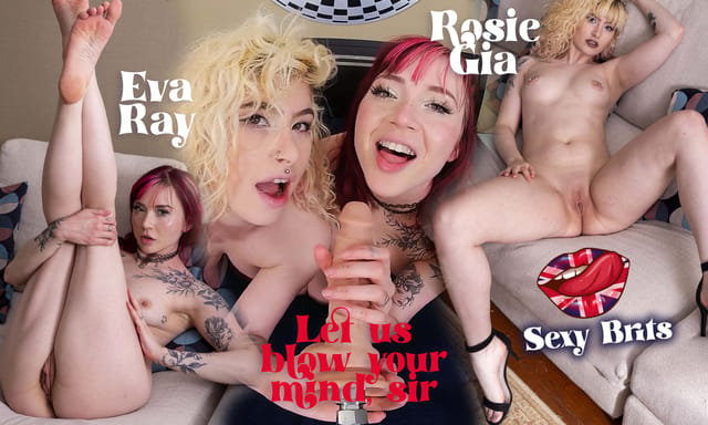 Eva Ray and Rosie Gia kiss during a medium tits fucking machine scene in this 60 FPS adult VR video with red head models