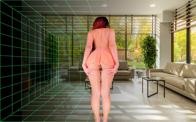 Kay Yuma lifts her dress in a bedroom setting during this non POV VR passthrough production by Encanto VR and ASMR