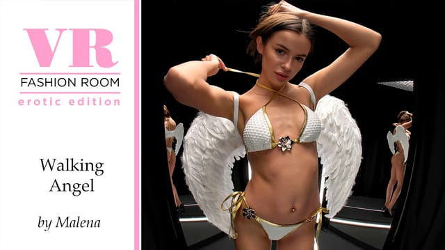 Malena Amaro walks on a treadmill in a fitness studio during VRSUN solo VR video with softcore music and touching tits scenes