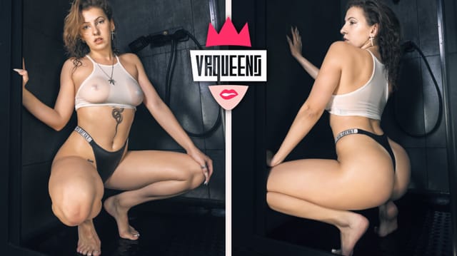 Margo twerks softly in a shower during this solo VR Queens video featuring 60fps non POV passthrough footage.