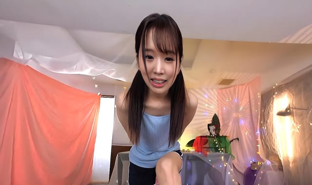 Rima Arai with ponytail undergoes orgasm control edging in a POV footjob scene from SOD Create adult VR production