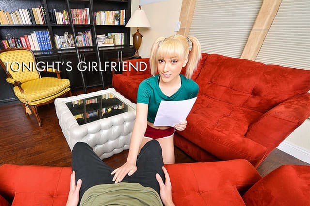 Petite blonde Lily LaBeau with pigtails performs a POV blowjob audition in this 60 FPS adult VR video by TonightsGirlfriend.