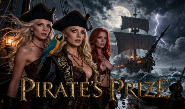 Two men share a pirate with a woman in POV VR, featuring vaginal sex, oral pleasure, and anal play in a nautical setting