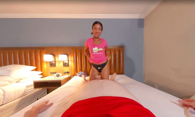 Brunette model Ameena Green performs oral and hand actions in a POV VR scene by TadPoleXXXStudio