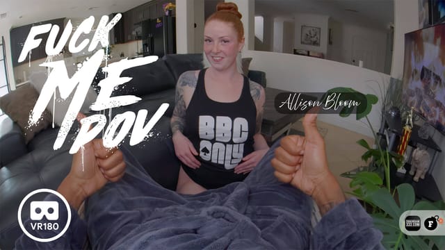 Allison Bloom performs a POV blowjob with a ball gag while touching her medium tits in this FBOMB VR production.