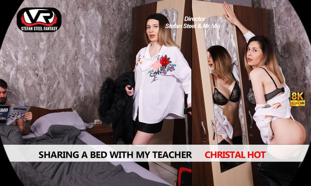 Christal Hot performs vaginal sex and blowjobs in a POV adult VR scene while sharing a bed with teacher Stefan Steel Fantasy