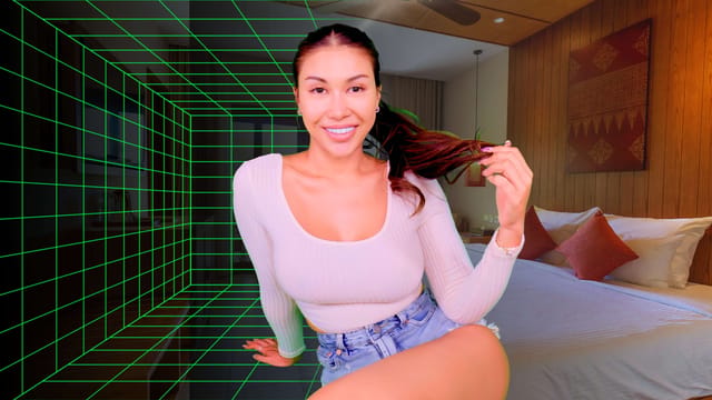 Kay Yuma performs a softcore solo VR passthrough close up touching her tits in a natural indoor setting