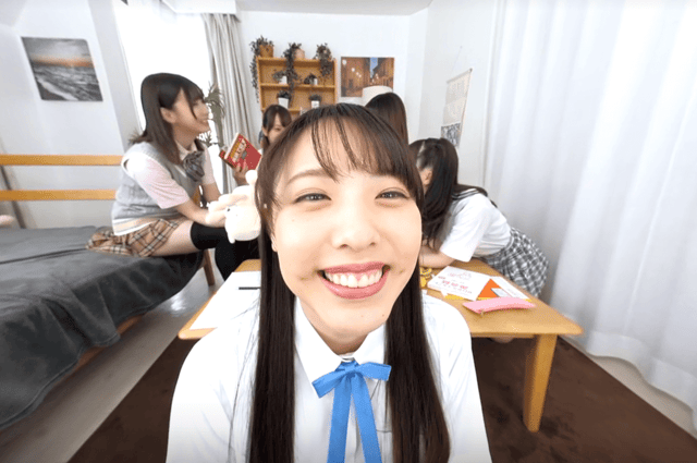 Mao Watanabe, Mizuki Yayoi, and Hana Shirato kiss and lick in a VR POV scene featuring brunette models in 60 FPS.