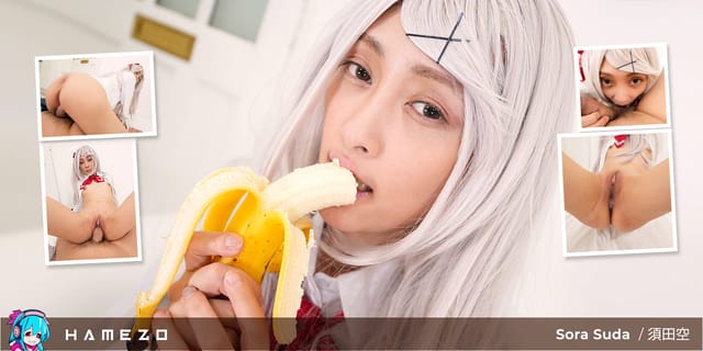 Sora Suda performs vaginal sex and oral services in a food-themed adult VR POV video produced by Hamezo.