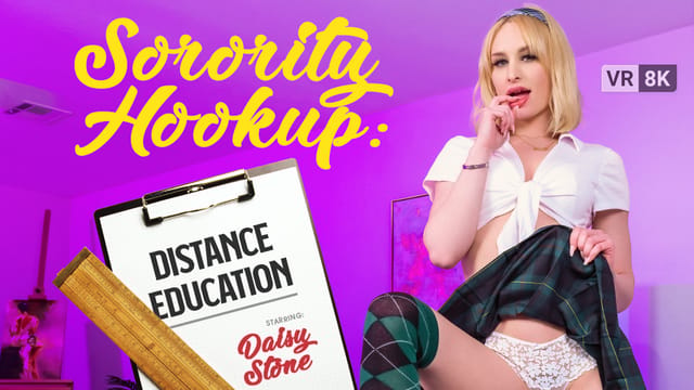 Daisy Stone performs a POV blowjob for a distance education VR scene in 4K resolution and 60 frames per second.