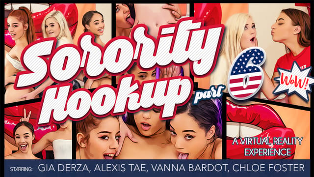 Group sex scene in a sorority house with multiple women in 60 FPS 4K VR passthrough.