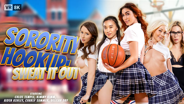 VR Bangers features Aiden Ashley, Charly Summer, and Kimmy Kimm in a 4K 180 degree sweat workout scene.