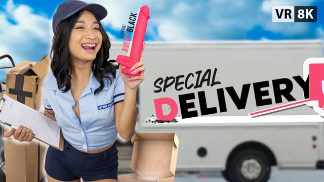 Avery Black performs a POV blowjob in a VR Conk premium 4K 60 FPS video with special delivery theme