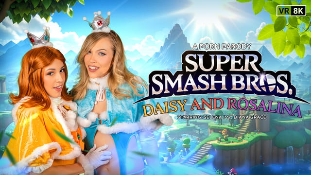 Selena Ivy and Diana Grace in cosplay perform oral sex in a Super Smash Bros parody VR video