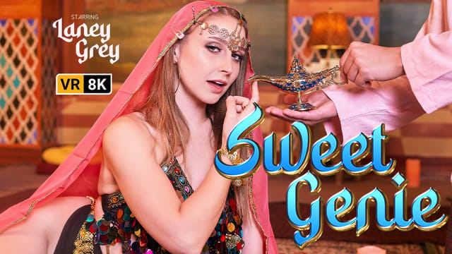 Laney Grey in genie cosplay performs a POV blowjob in VR Conk production with 60fps quality and premium rendering.