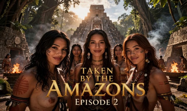 VR POV scene of a woman with medium breasts performing oral sex and intercourse outdoors in an Amazons themed production