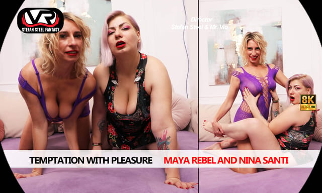 Maya Rebel and Nina Santi touch their medium breasts in a close up scene from Stefan Steel Fantasy VR production with 60 FPS