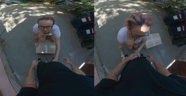 Vexxy Bliss performs a blowjob and vaginal sex with a delivery guy outdoors in this VR POV video